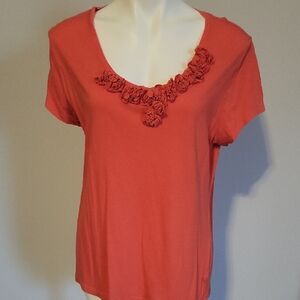 Women's Coral Scoop Neck Floral Accent Tee